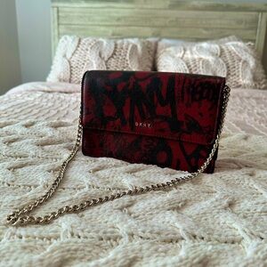 DKNY Black and Red Printed Long Shoulder Purse